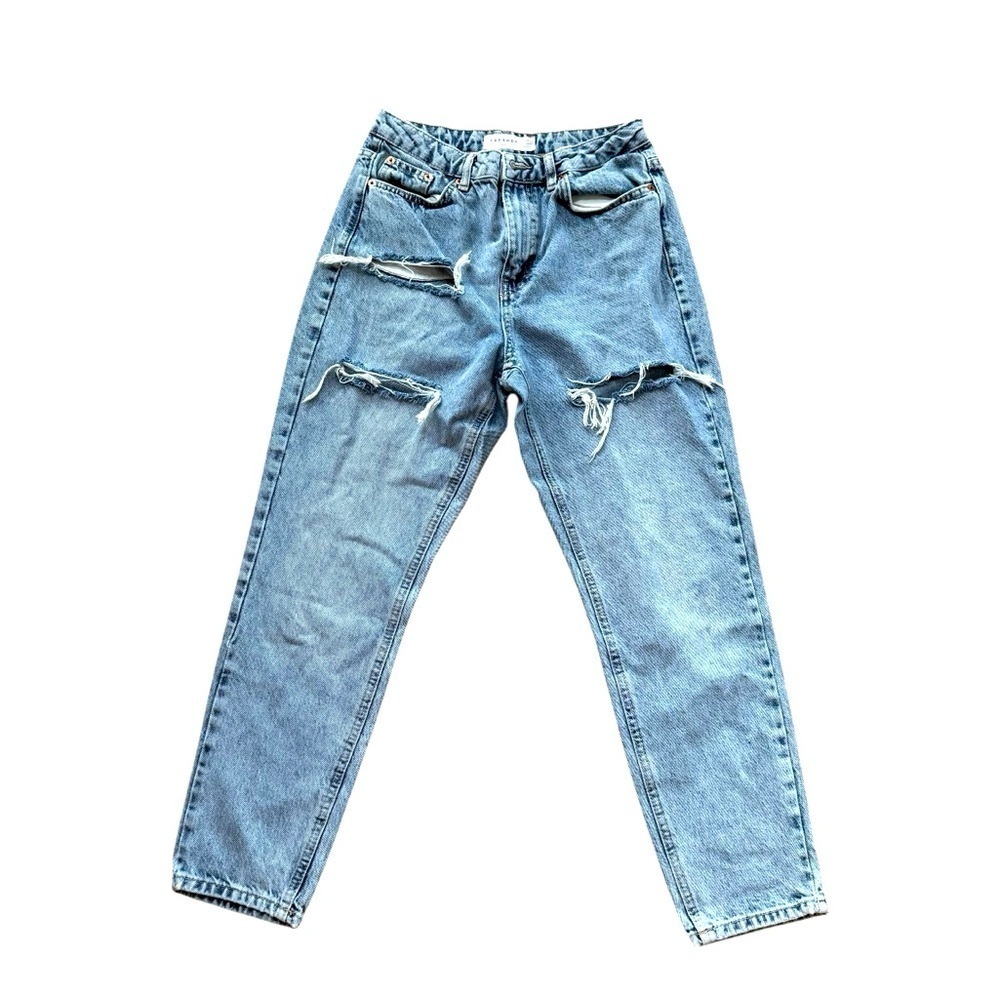 Topshop MOM Blue Denim Jeans Straight Distressed Ripped Size W 28
